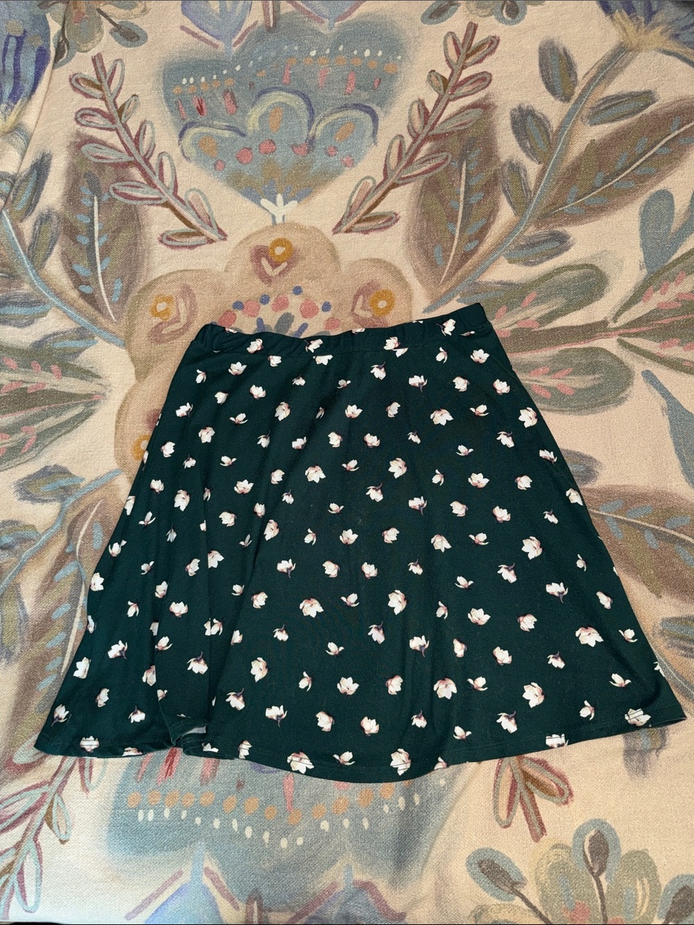 French Grey Dark Green Skirt with White Floral Print